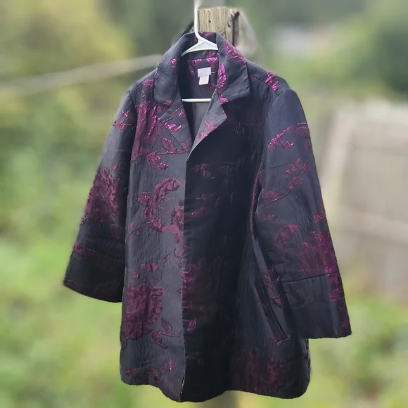 CHICO'S Black/Plum Travelers Floral Jacquard Jacket - Picture 5 of 14